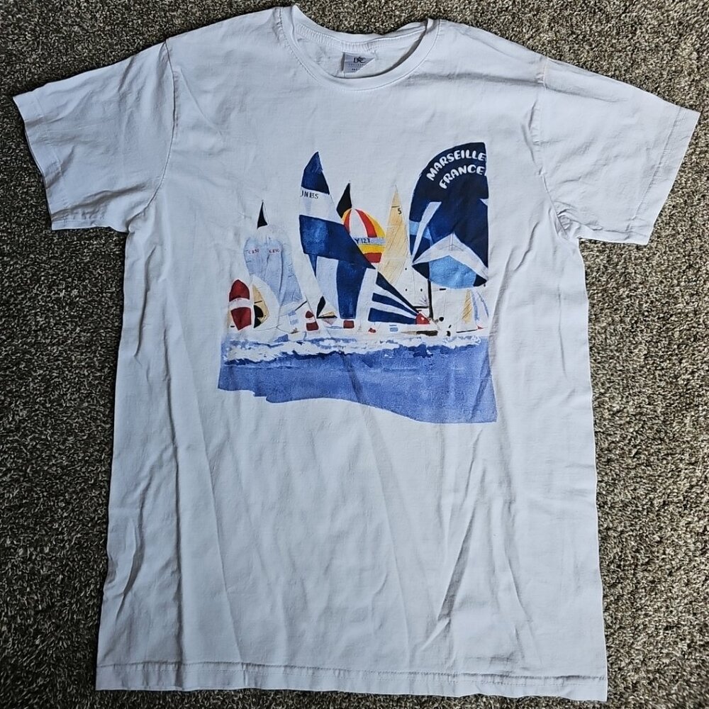 Marseille France Sail Boats Size Small White Short Sleeve Nautical Shirt